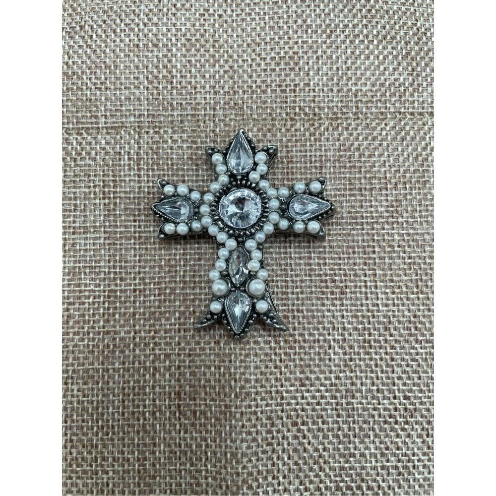 Vintage Rhinestone and Pearl Maltese Cross Brooch Pin Silver Black Antique
